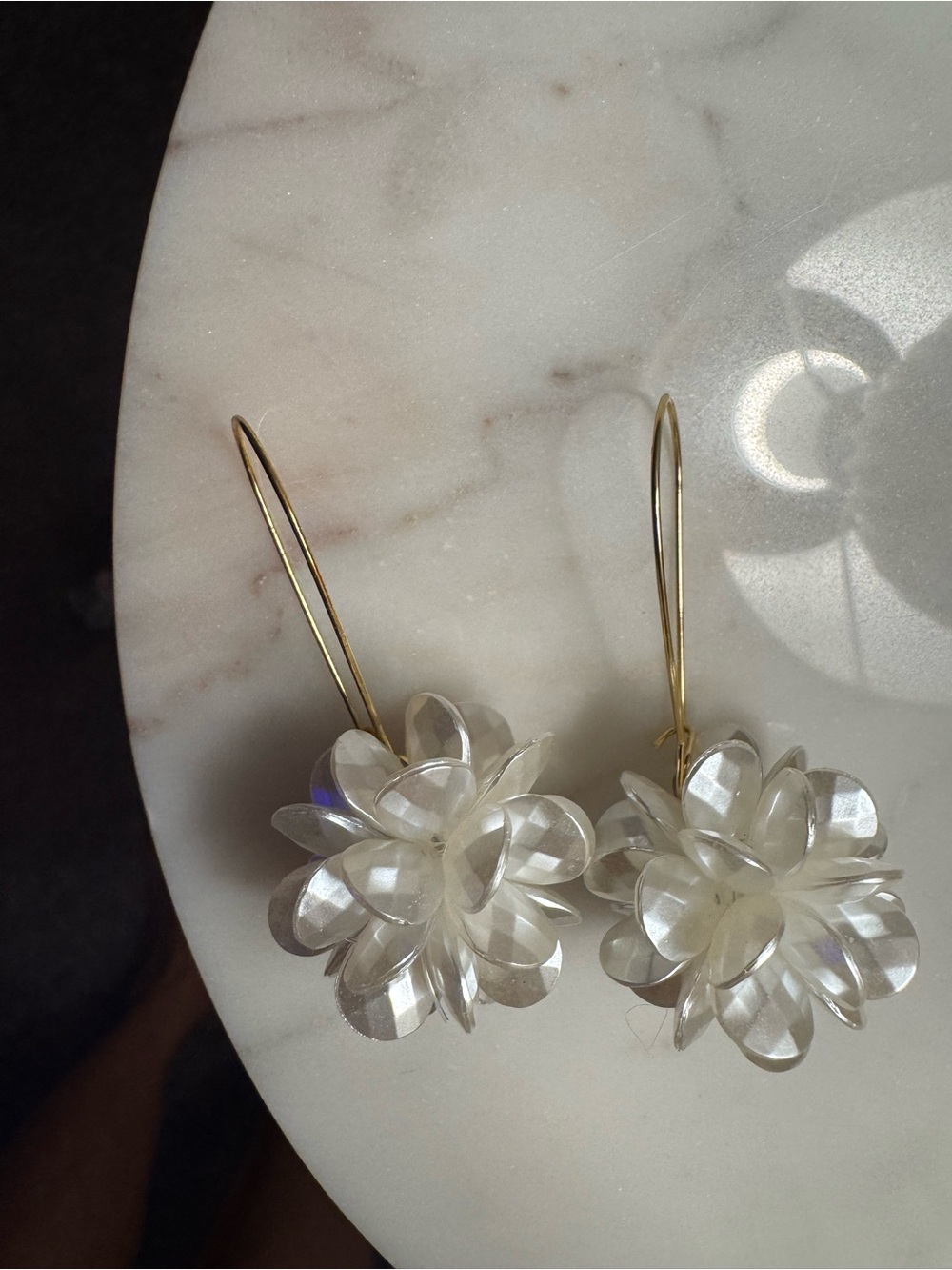 Gold Hook Earrings with Iridescent White Floral Drops